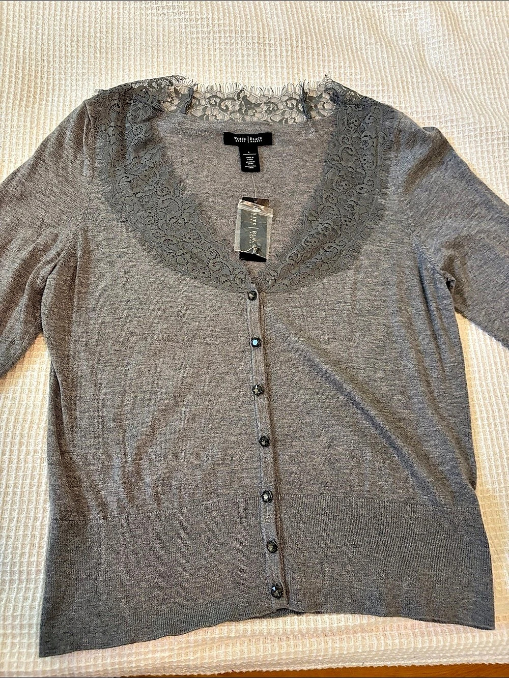 White House Black Market Lace Trim Cardigan Gray Large